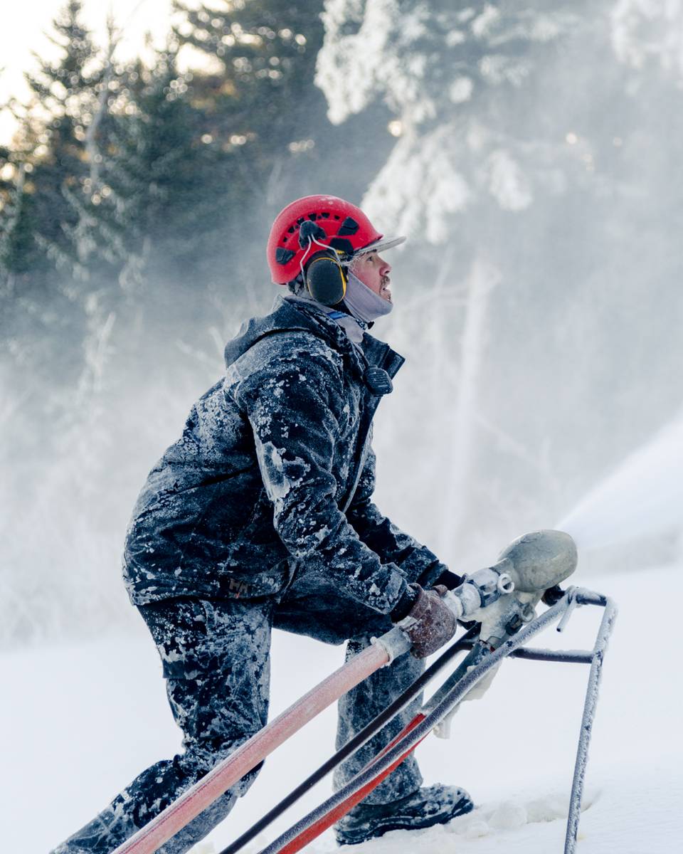A snowmaker making snow at Sunday River.