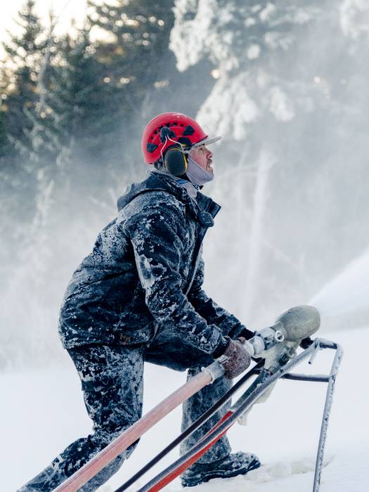 A snowmaker making snow at Sunday River.