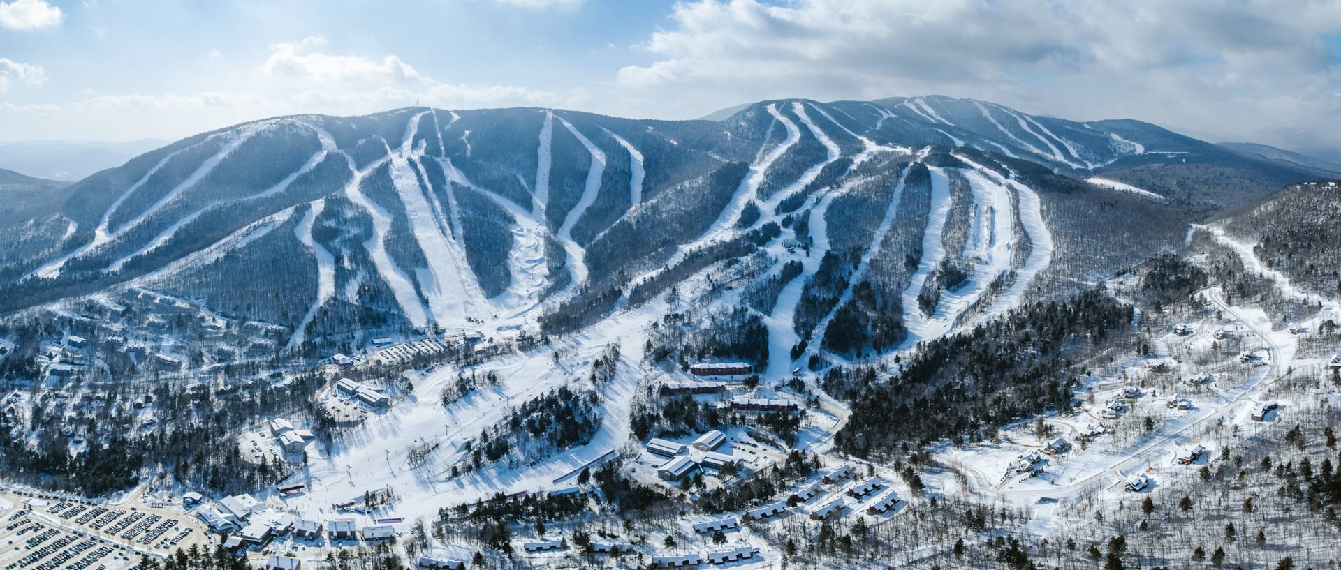 Aerial view of Sunday River in the winter time.