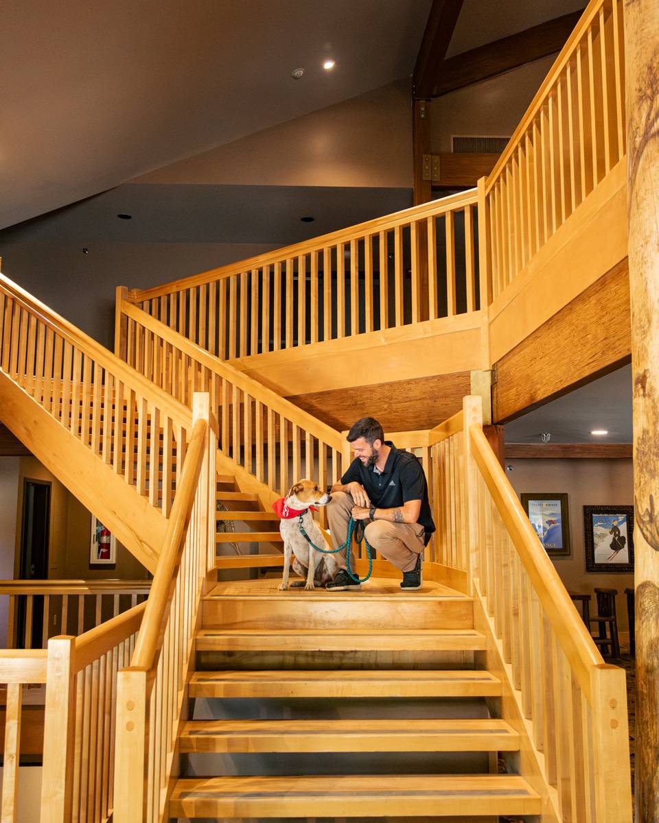 A man and his dog on the stairs in the Snow Cap Inn.