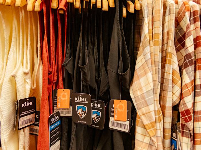 Clothing on the rack at the Kuhl Store at Sunday River Resort.