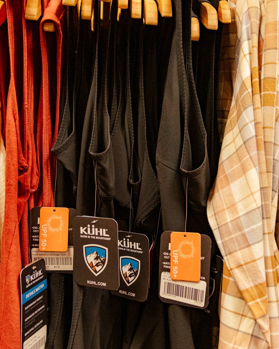 Clothing on the rack at the Kuhl Store at Sunday River Resort.