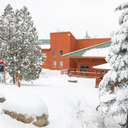 Fresh snow covering the entrance to the Snow Cap Inn at Sunday River.