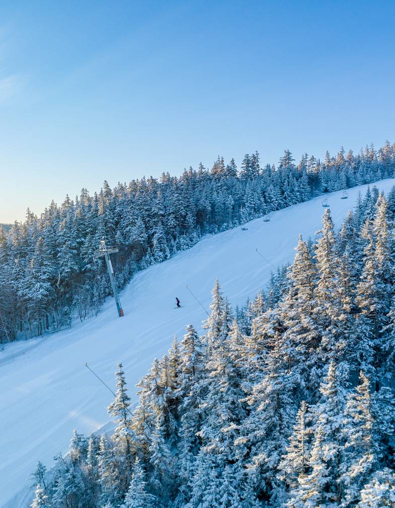 An aerial view of a ski trail at Sunday River.