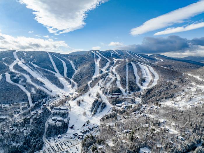 An aerial view of Sunday River Resort in the winter time.