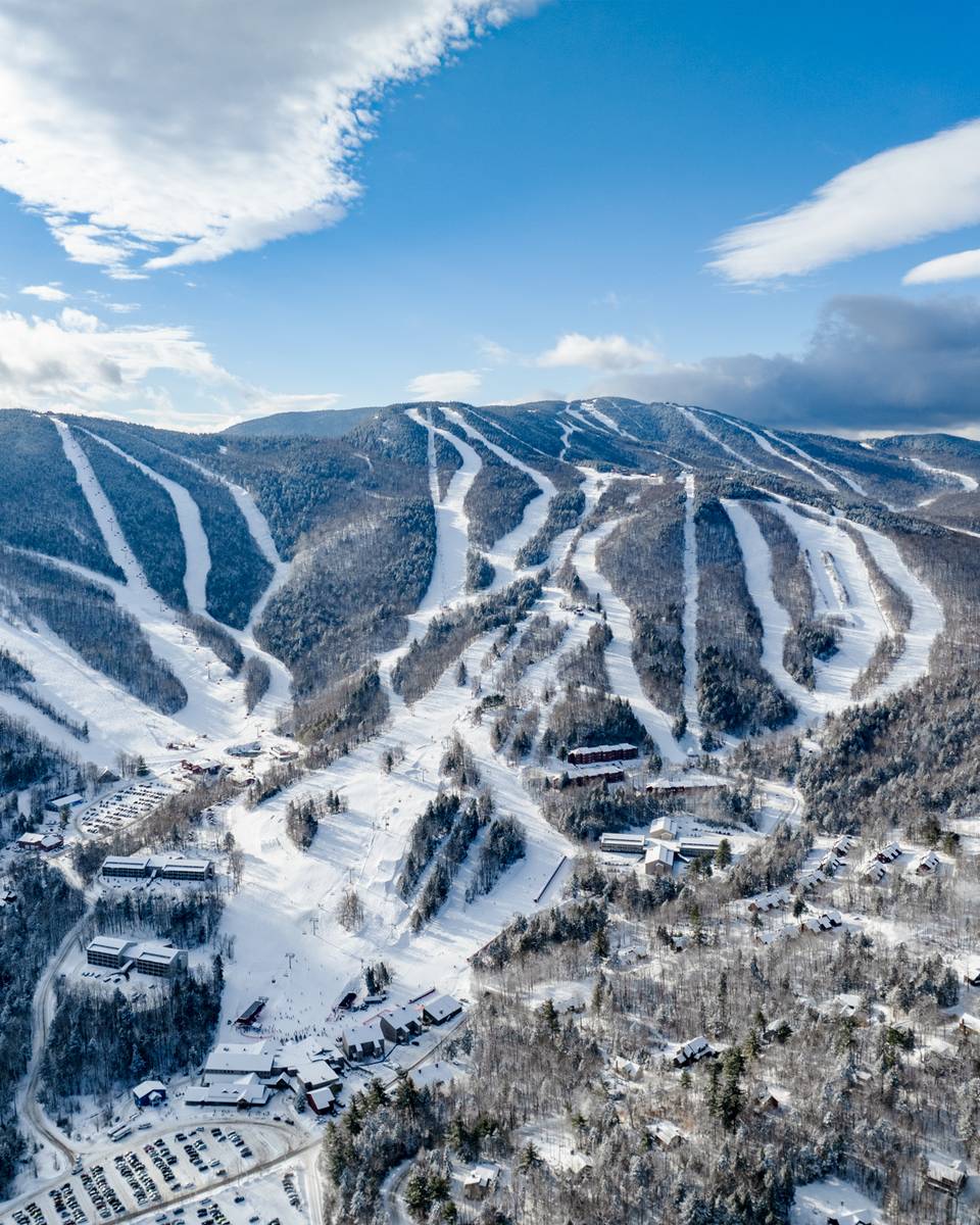 An aerial view of Sunday River Resort in the winter time.