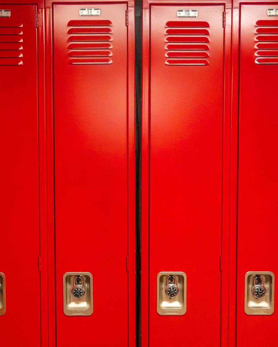 South Ridge Locker rooms with bright red lockers.