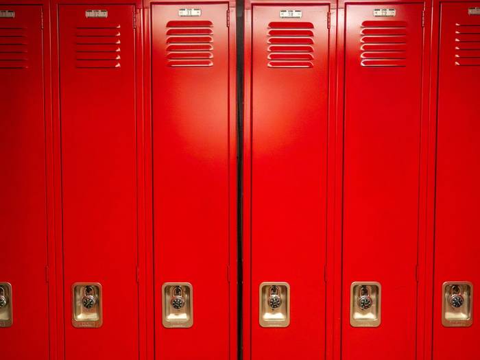 South Ridge Locker rooms with bright red lockers.