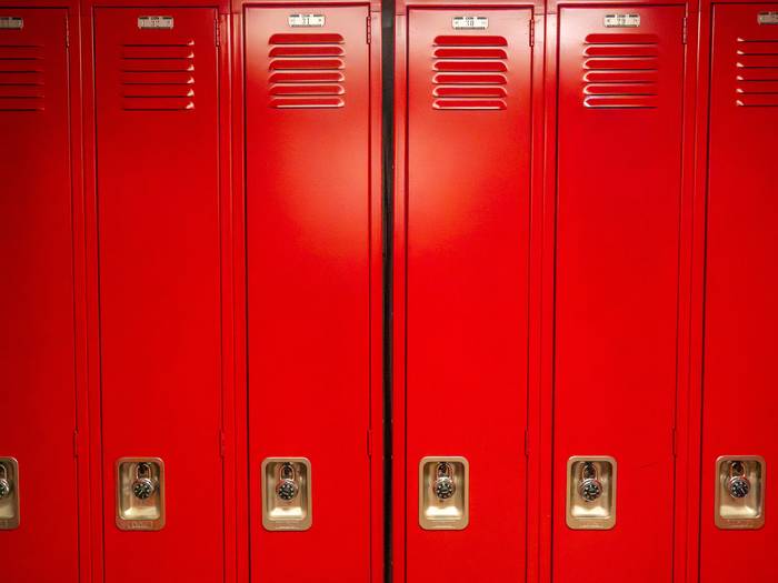 South Ridge Locker rooms with bright red lockers.