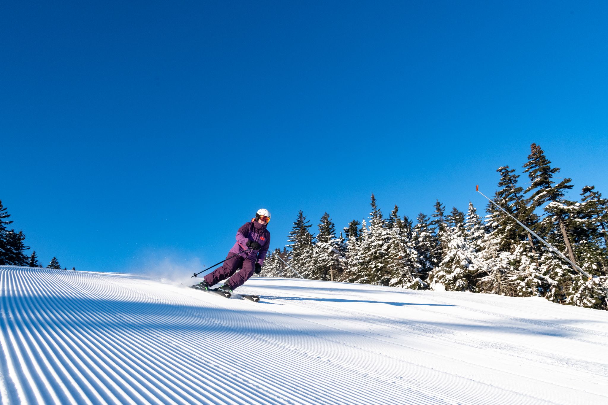 A woman skiing down a trail at Sunday River with blue skies and wearing a purple kit.
