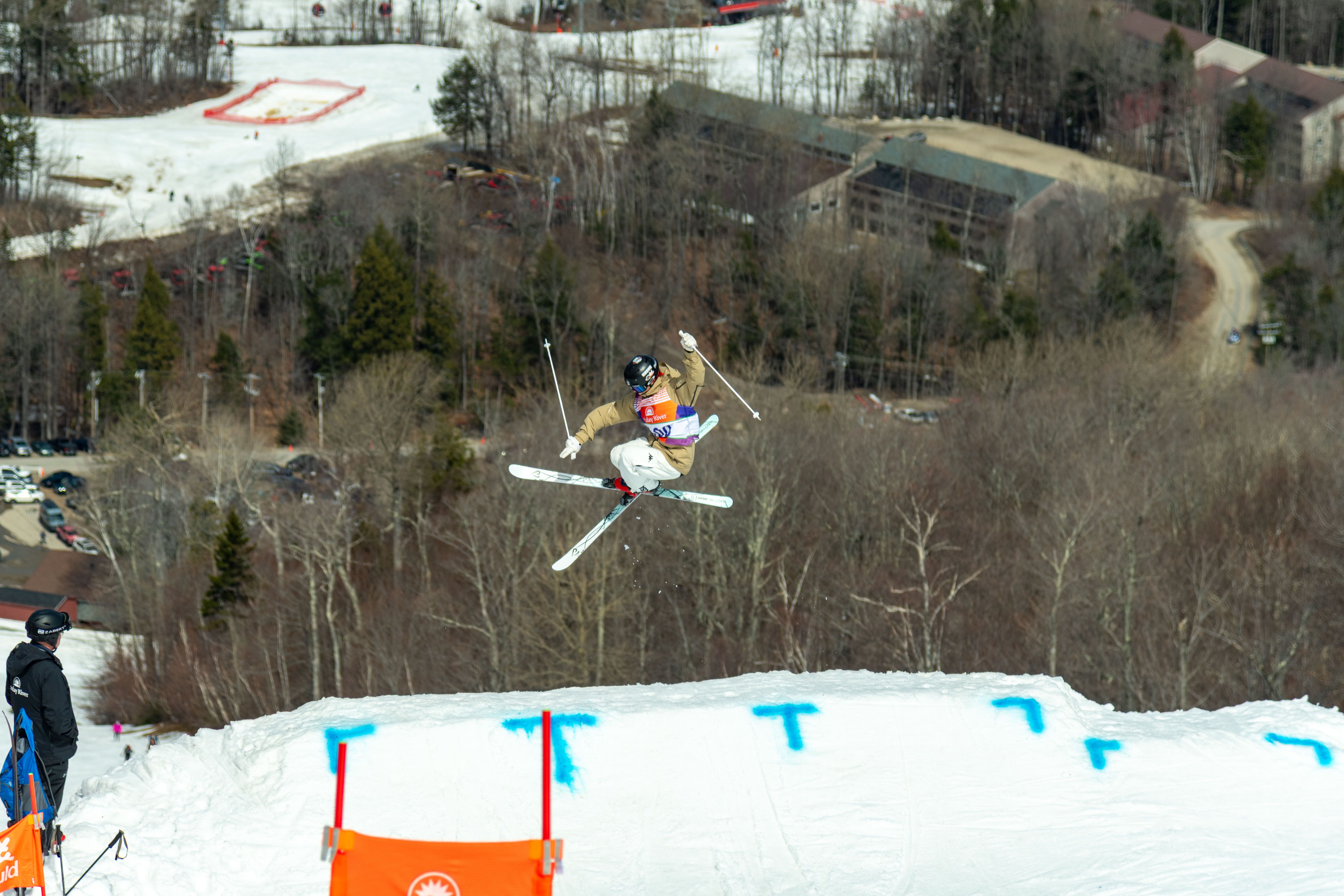A skier competing in Bust N Burn at Sunday River.