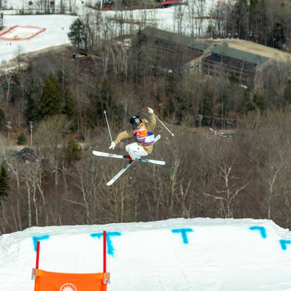 A skier competing in Bust N Burn at Sunday River.