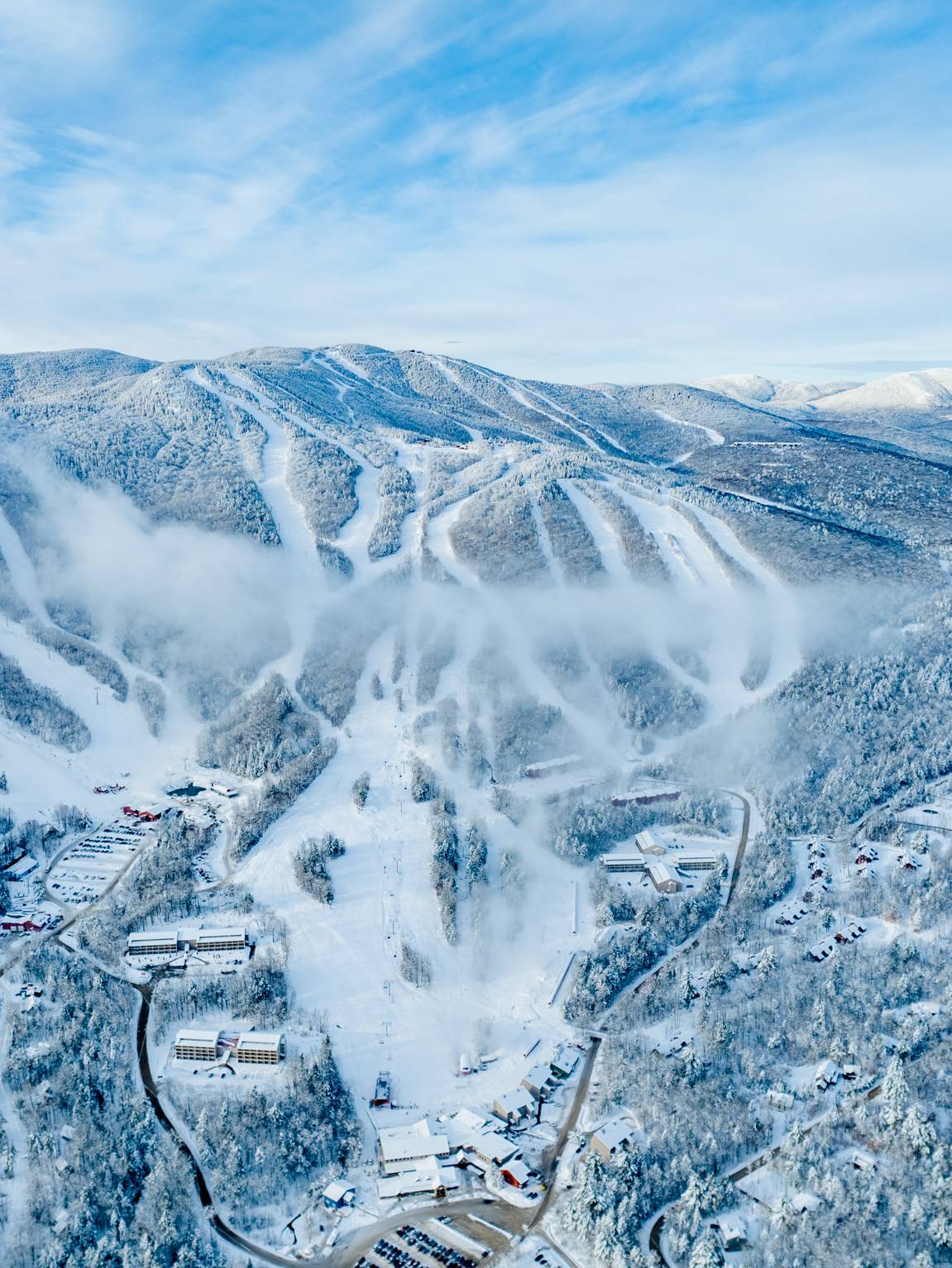 An aerial view of Sunday River Resort in the winter time.