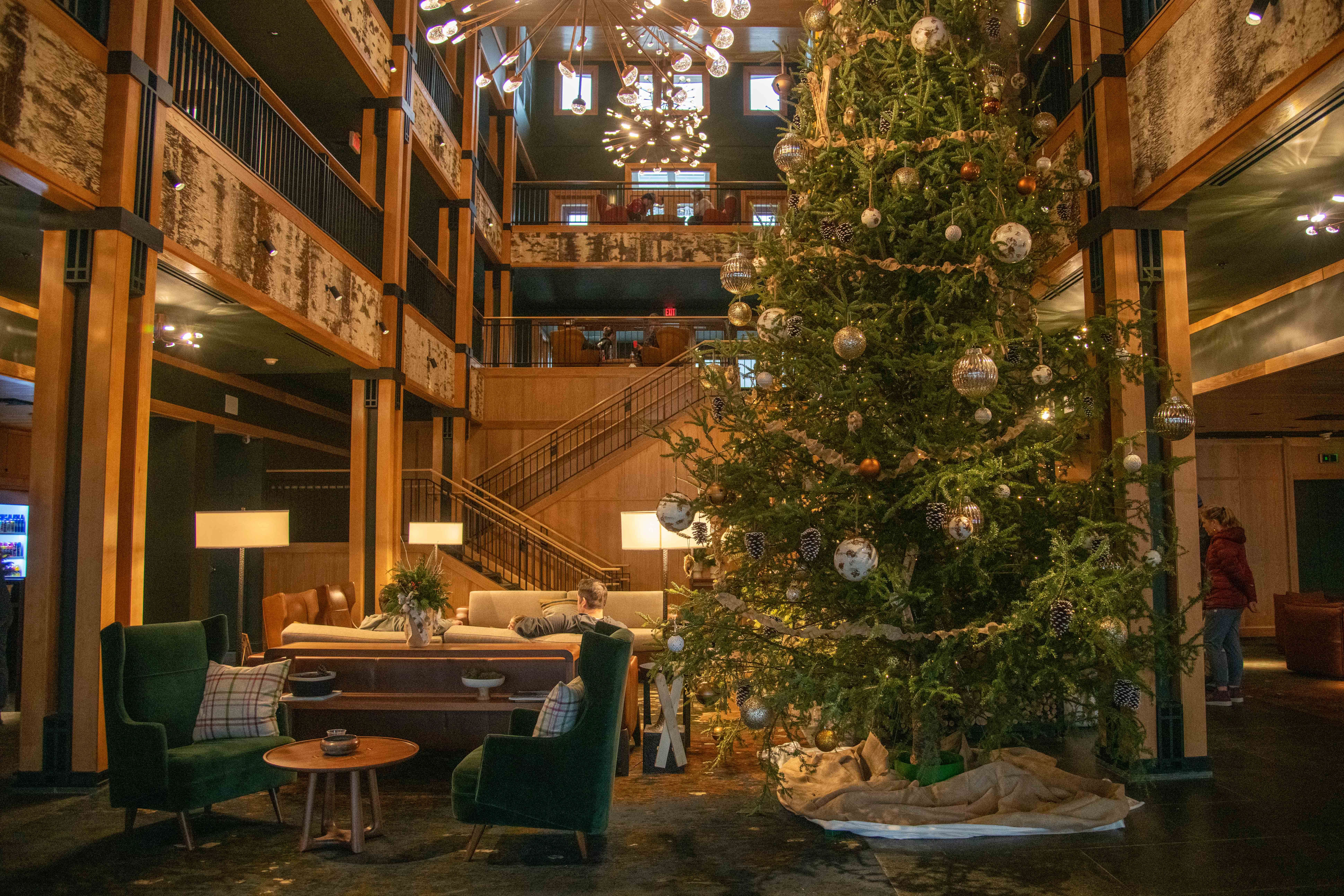 The Jordan Hotel lobby decorated for Christmas at Sunday River.