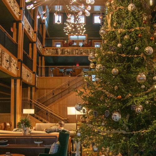 The Jordan Hotel lobby decorated for Christmas at Sunday River.