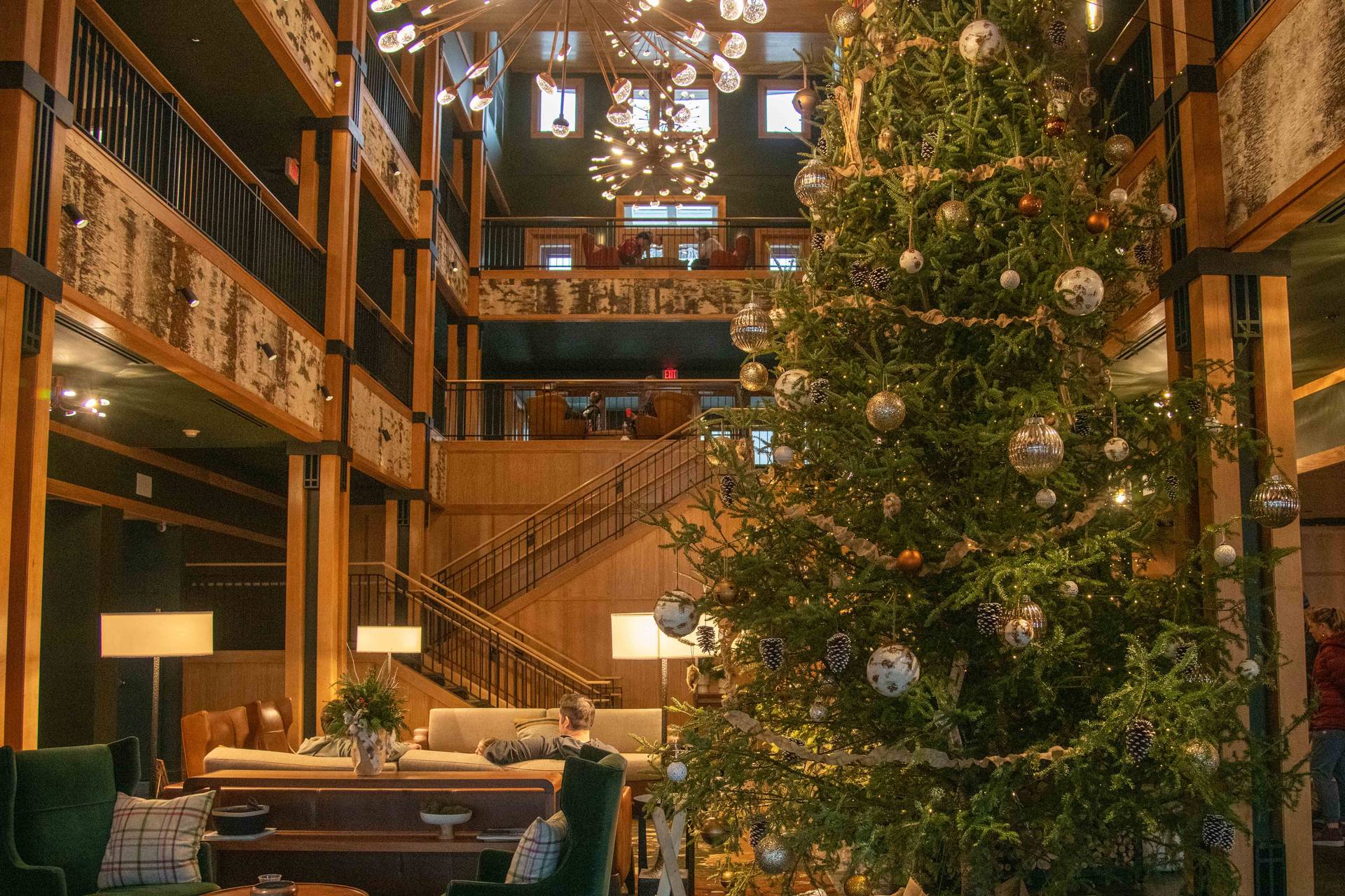 The Jordan Hotel lobby decorated for Christmas at Sunday River.