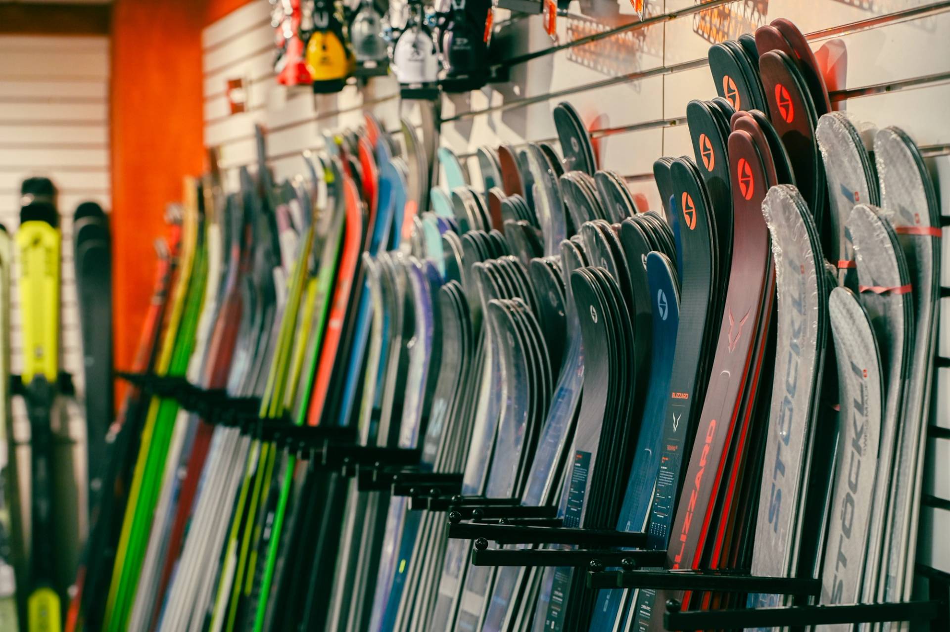 Brand new skis lined up in Sunday River Sports.