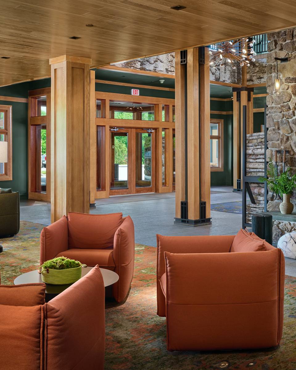 Chairs and a roaring fire in The Jordan lobby.