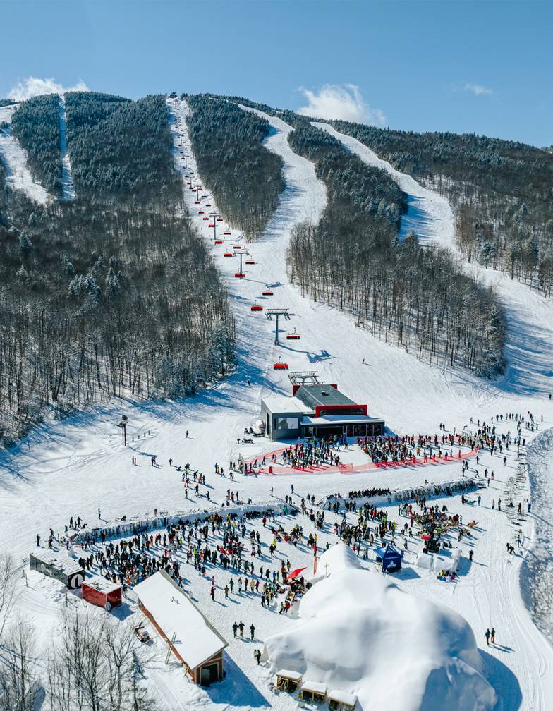 An aerial view of the Jordan Bowl with the Jordan Peak in the distance at Sunday River