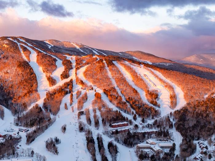 An aerial view of Sunday River at sunrise.