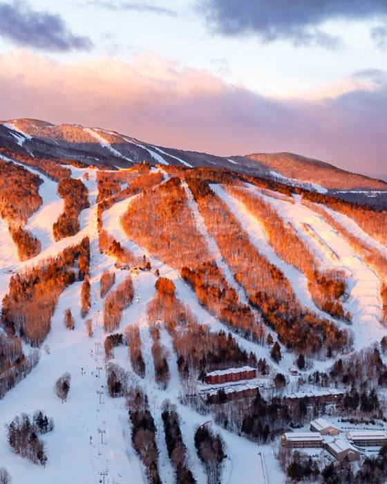 An aerial view of Sunday River at sunrise.