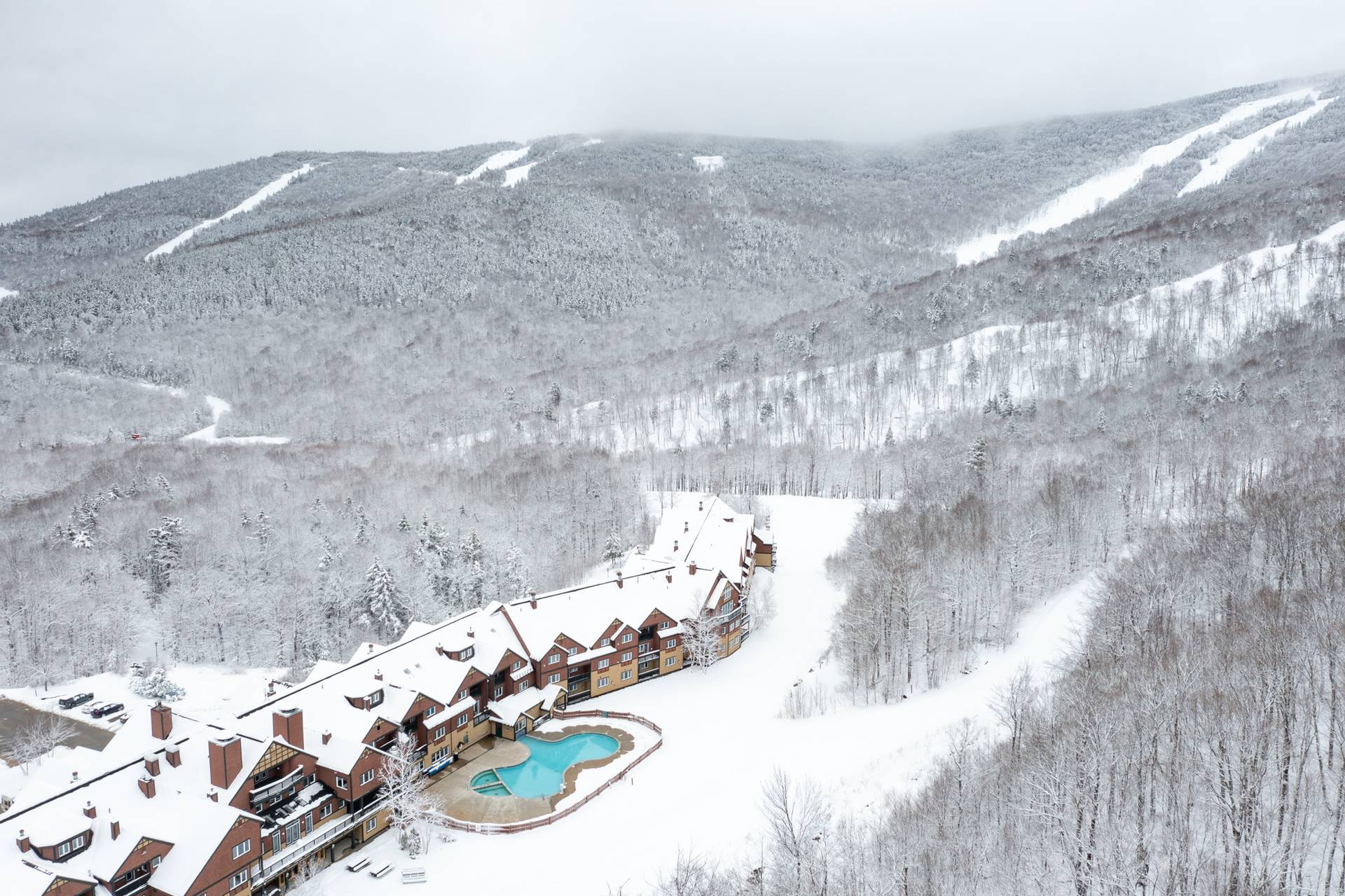 The Jordan in winter nestled in the mountains.