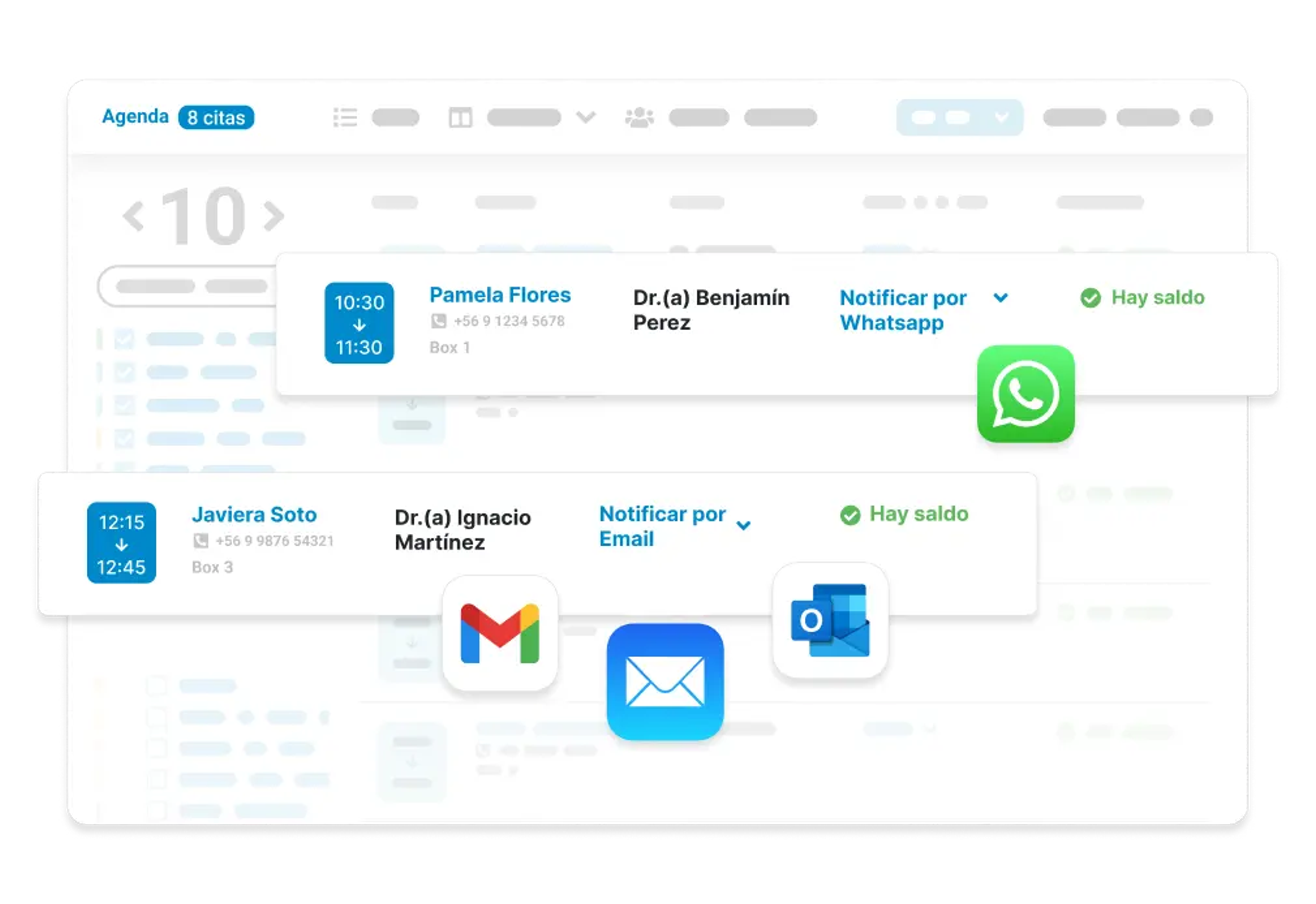 Panel de Dentalink mostrando la configuración de confirmaciones automáticas de citas por WhatsApp y correo electrónico
