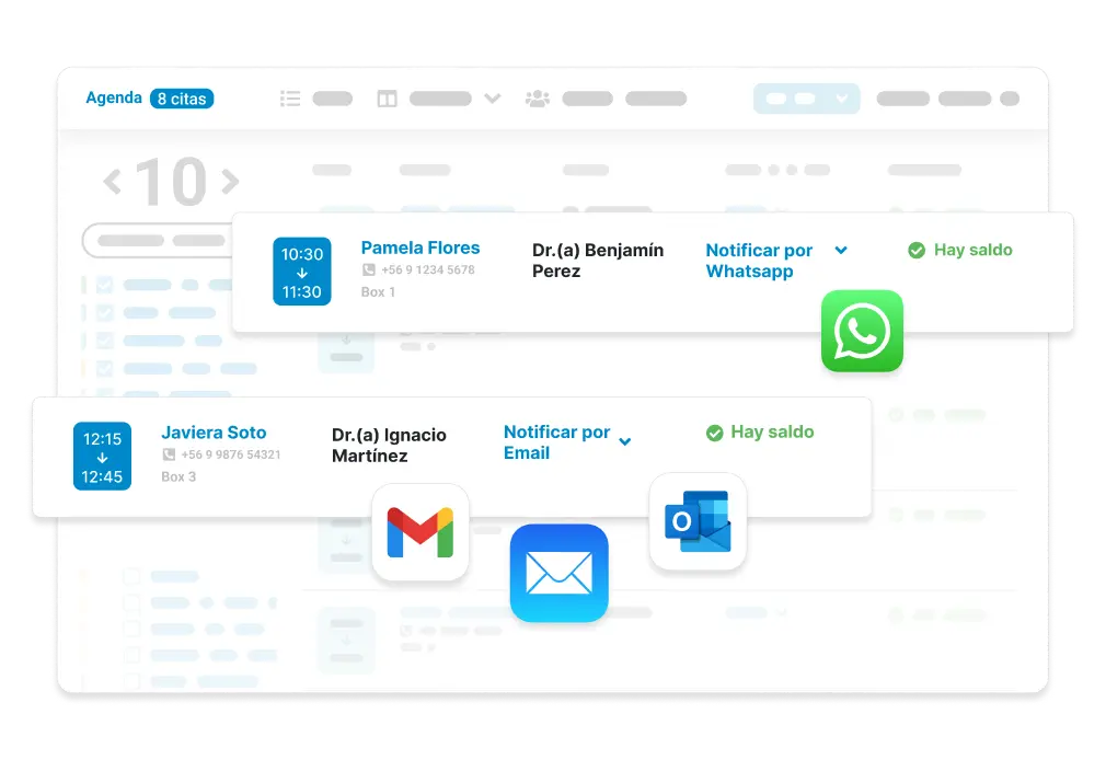 Panel de Dentalink mostrando la configuración de confirmaciones automáticas de citas por WhatsApp y correo electrónico