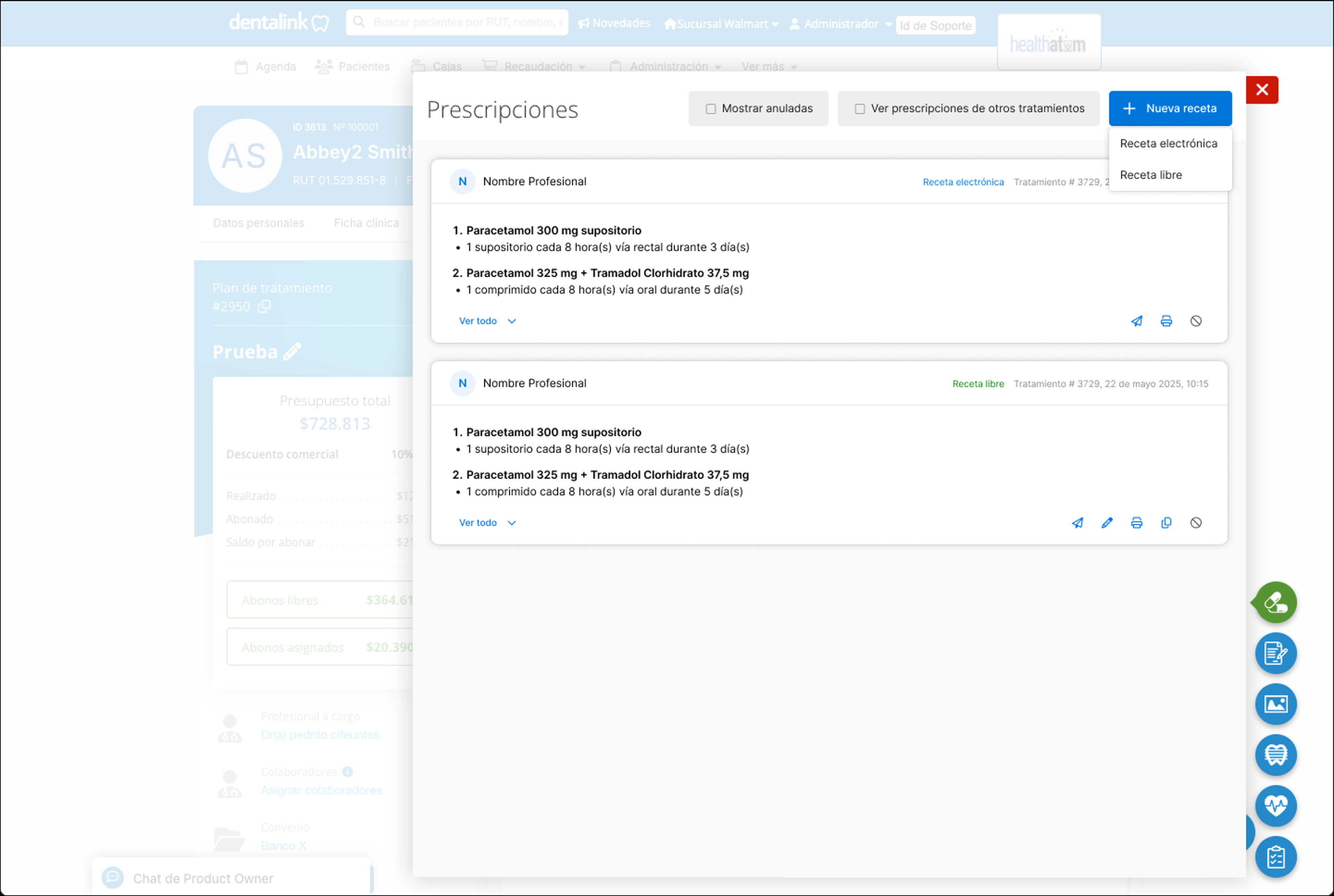 Ficha del paciente en Dentalink con el panel de Prescripciones abierto y el menú Nueva receta desplegado