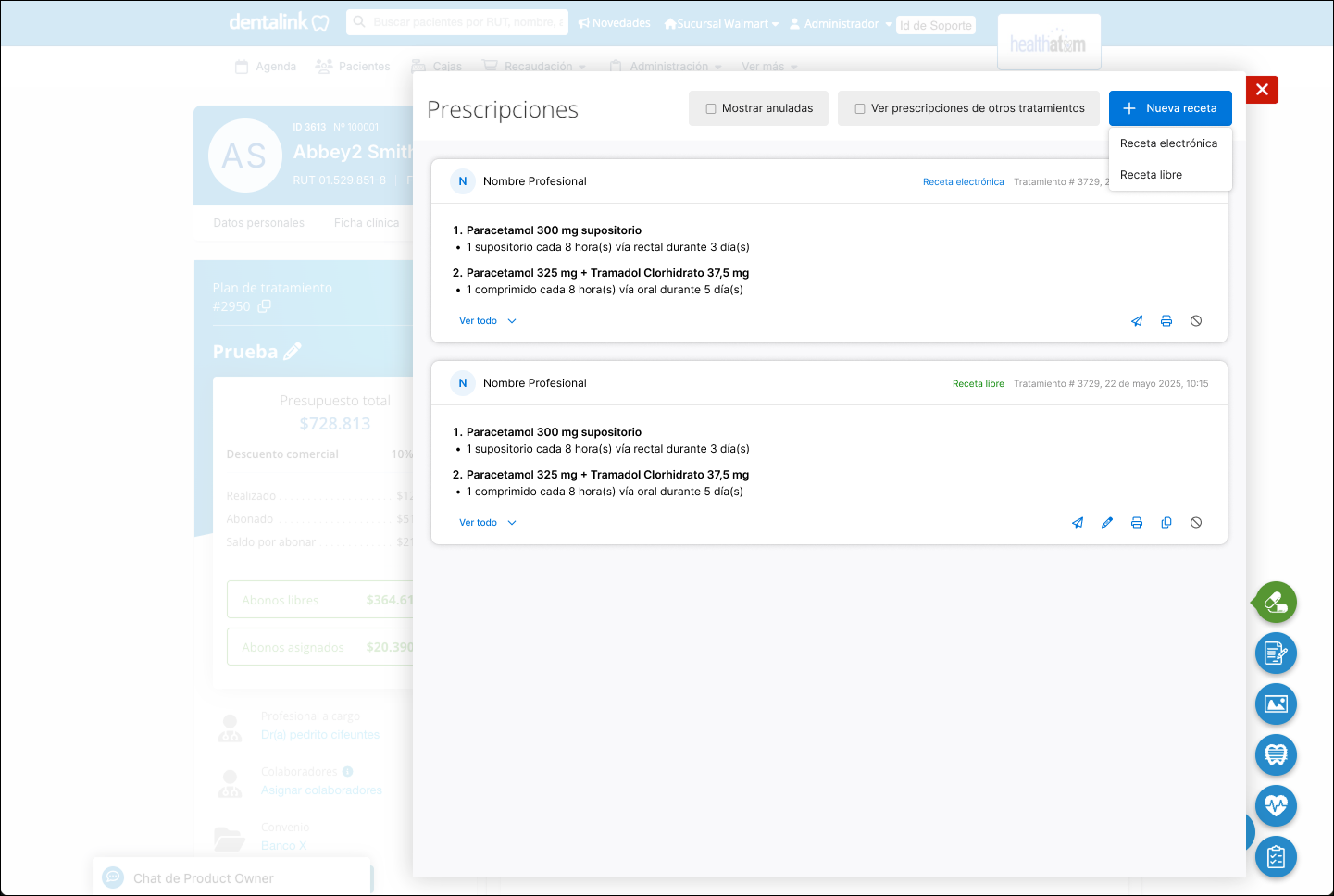 Ficha del paciente en Dentalink con el panel de Prescripciones abierto y el menú Nueva receta desplegado