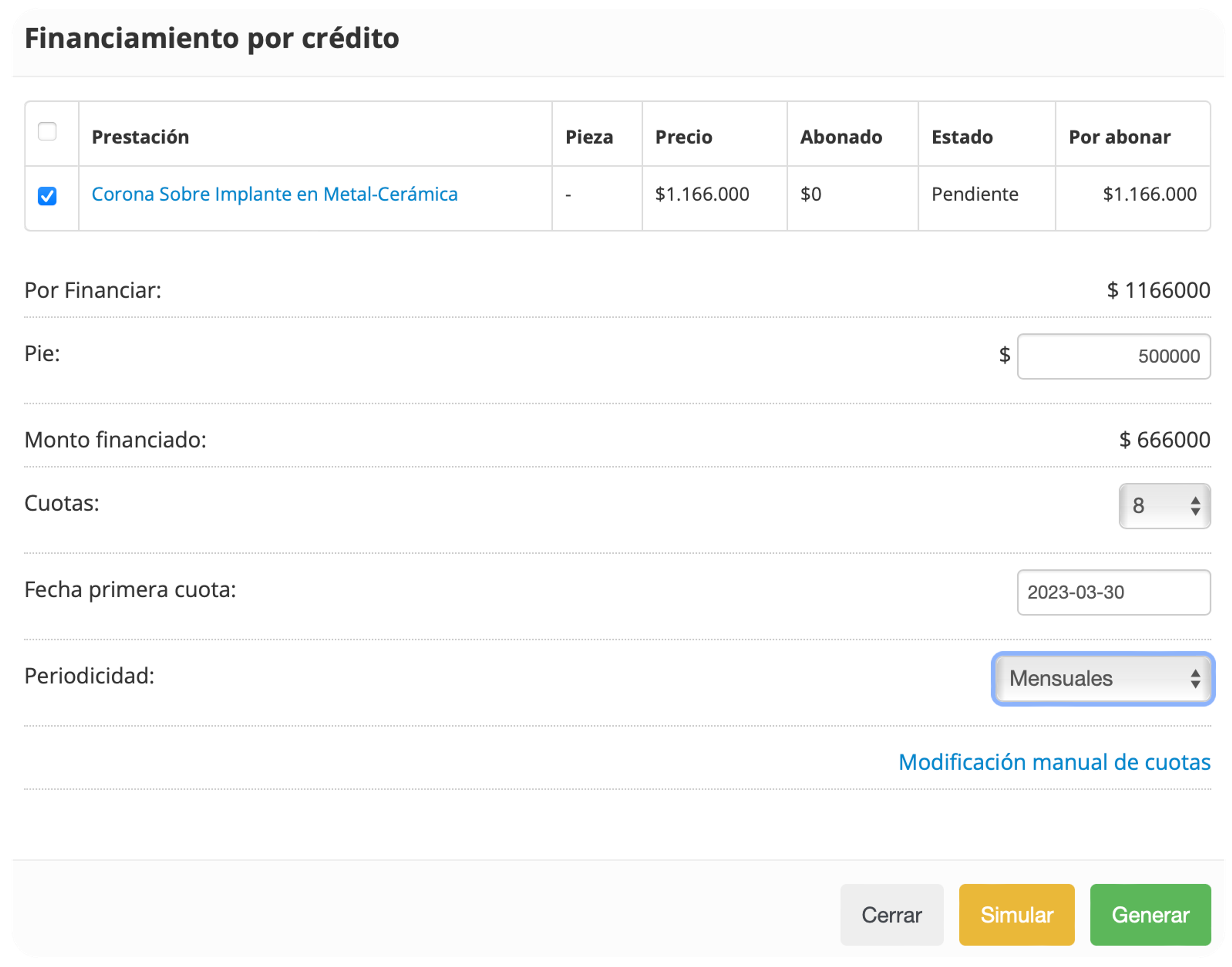 Cobro en cuotas de tratamientos dentales en Dentalink