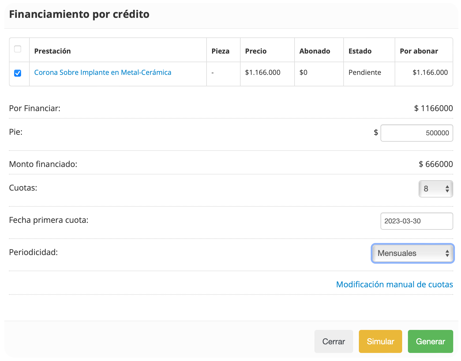 Plan de financiamiento en cuotas de un tratamiento en Dentalink