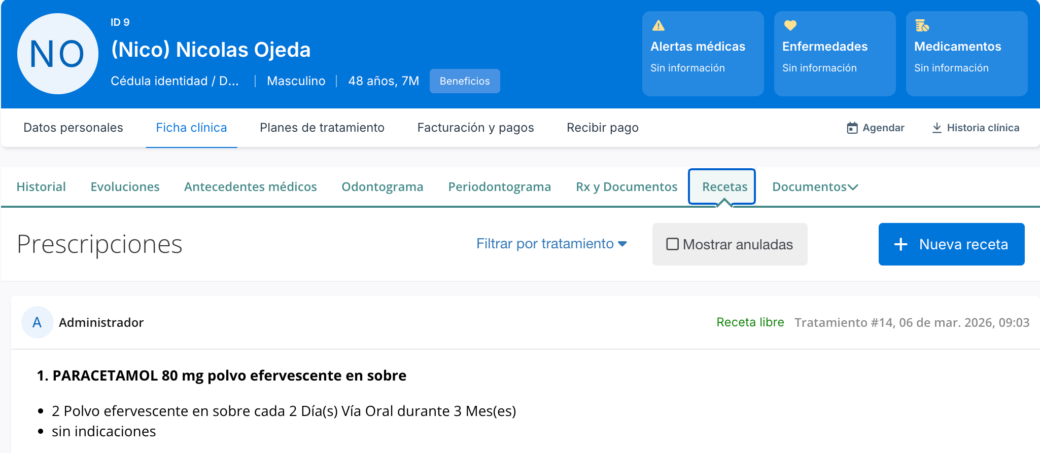 Pestaña Recetas de la ficha clínica con una prescripción ya emitida y su posología