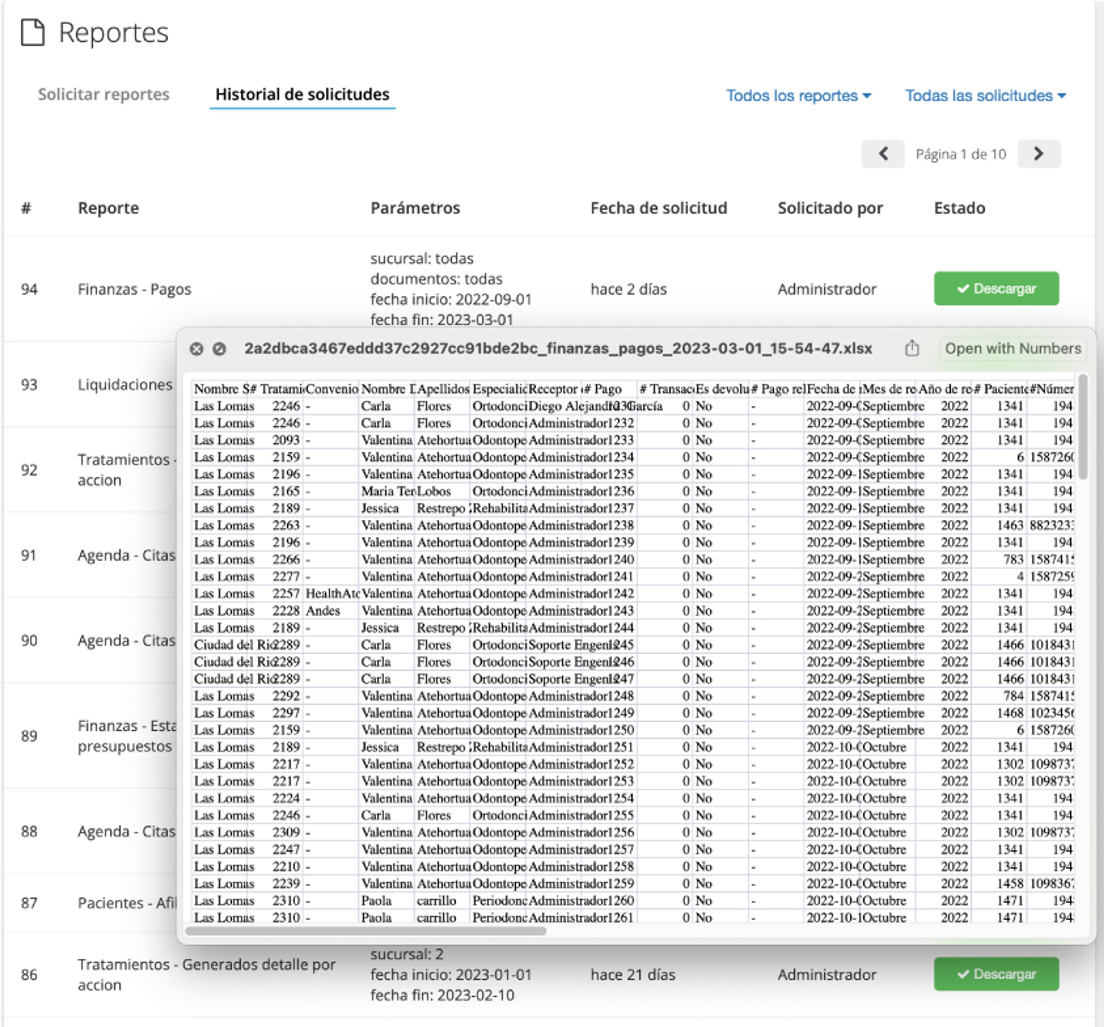 Reporte de Dentalink descargado en Excel con los indicadores de una clínica dental