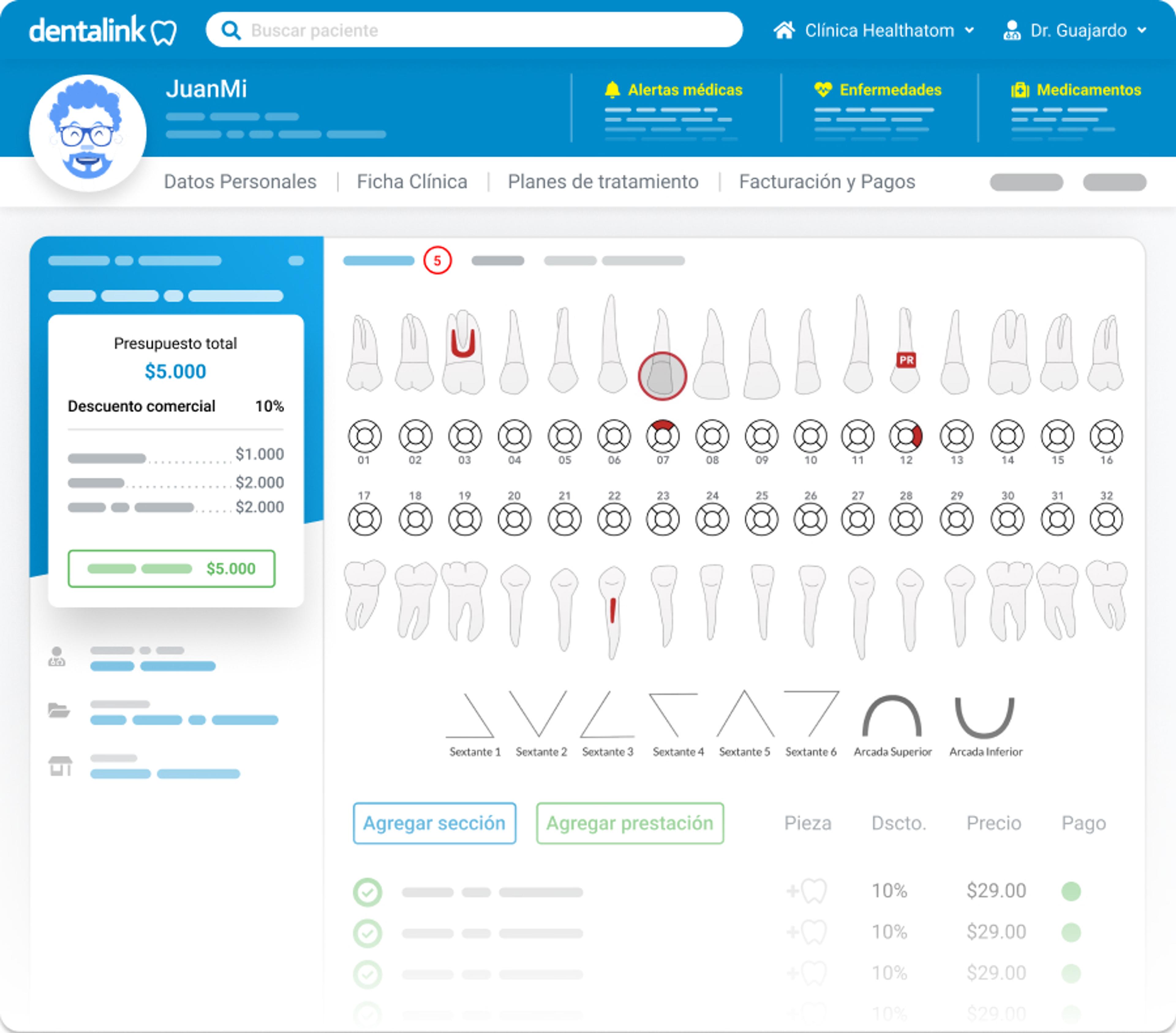 Odontograma interactivo de Dentalink con las piezas dentales y sus lesiones registradas