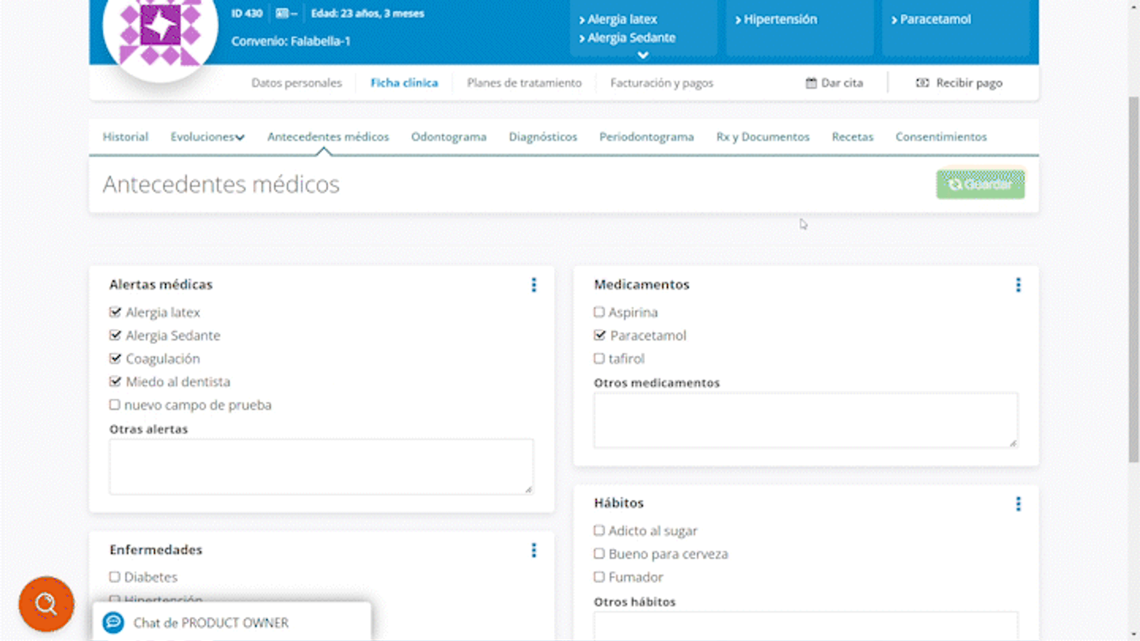 Detalles en antecedentes clinicos, personalización de colores y más