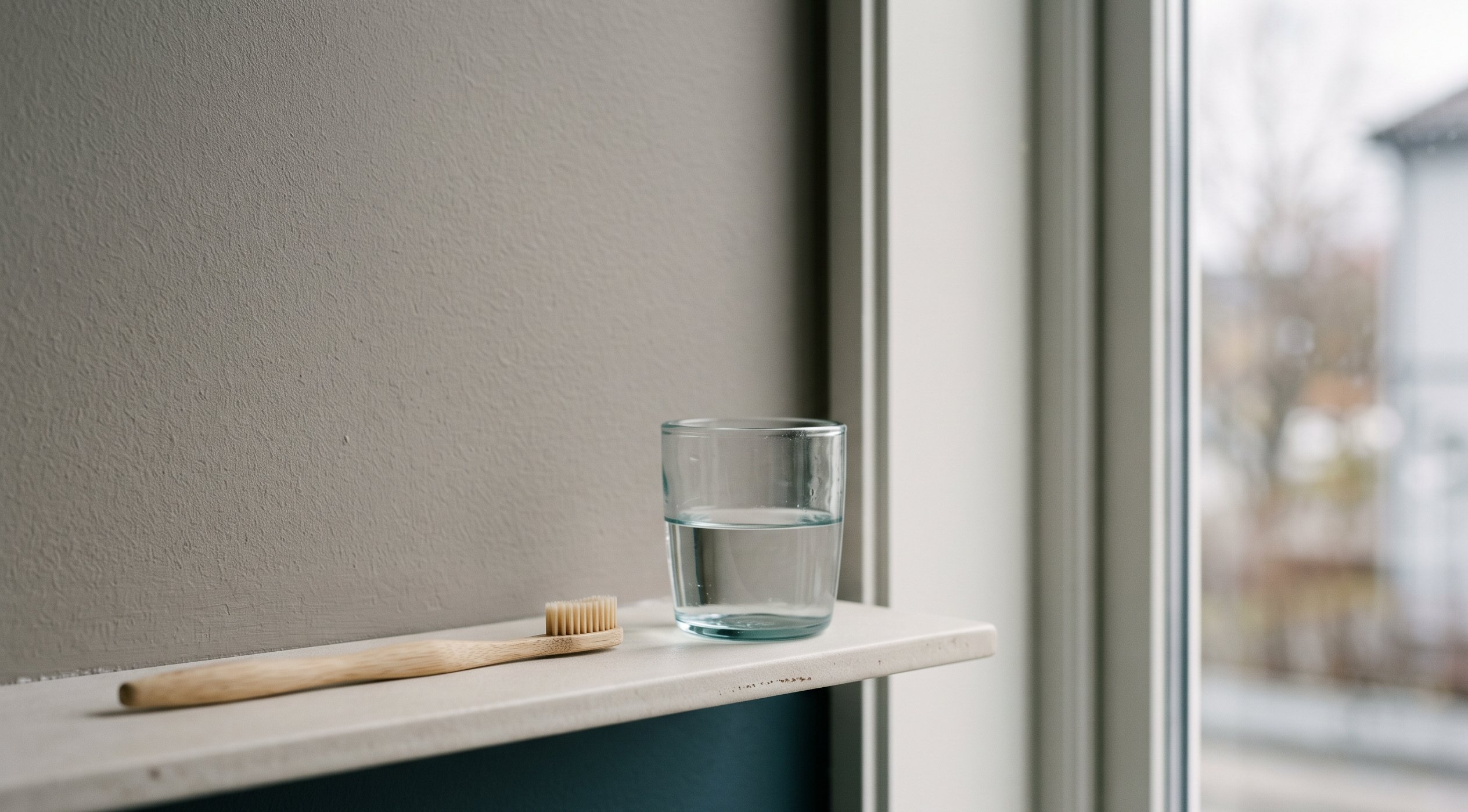 Tannbørste og glass vann i morgenlys