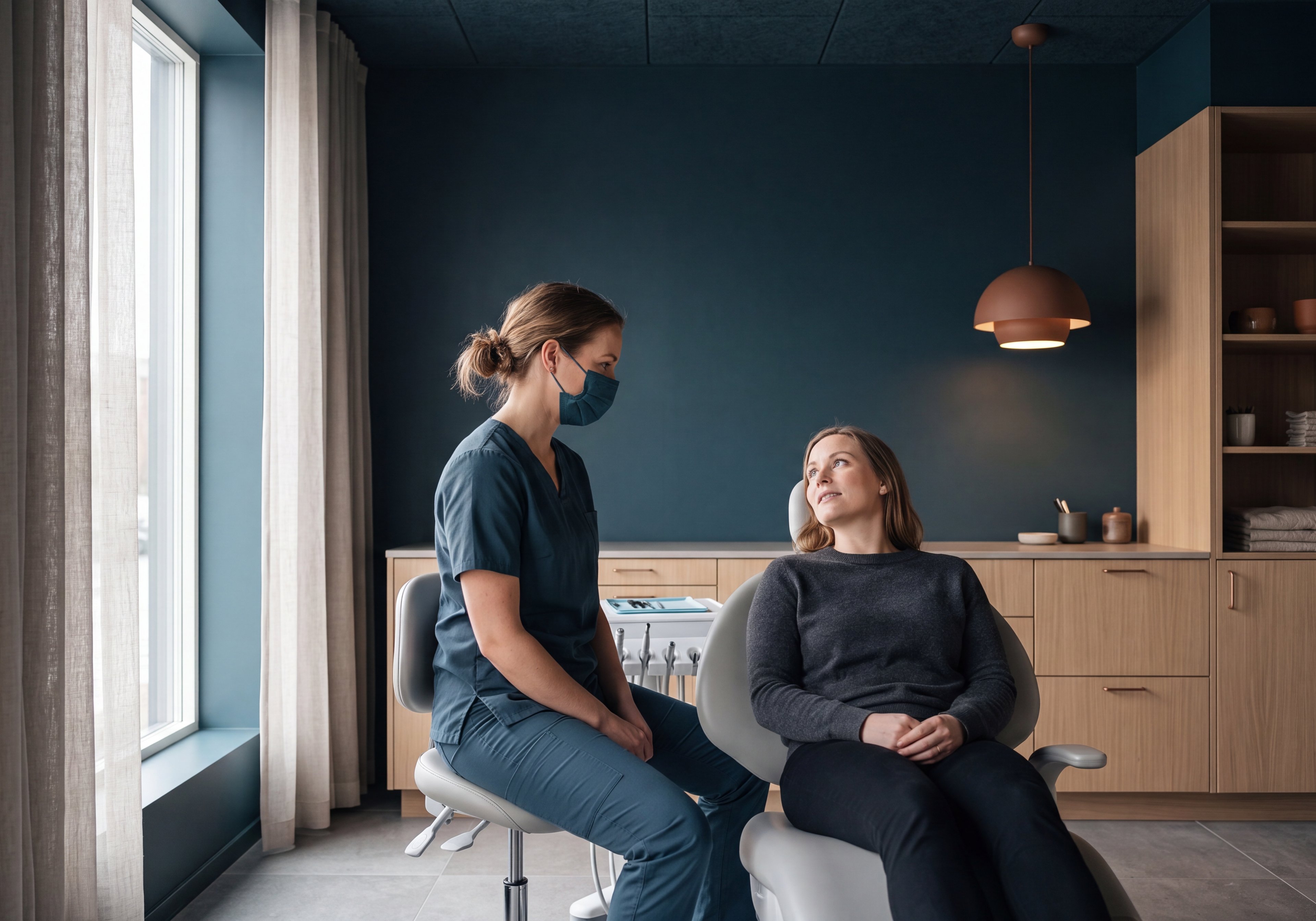 Rolig behandlingsrom i mykt morgenlys