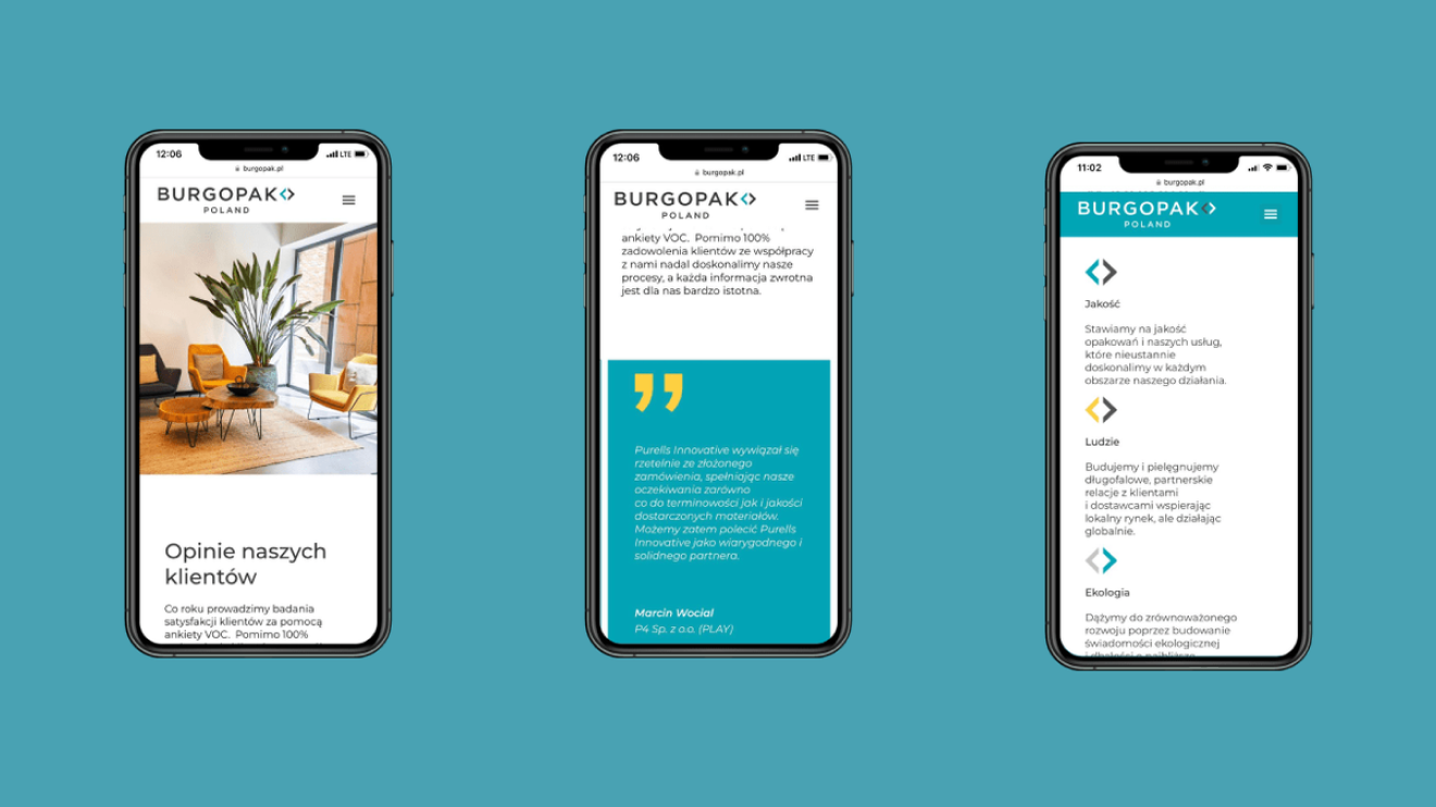 Burgopak — mobile mockup, opinie klientów, wartości