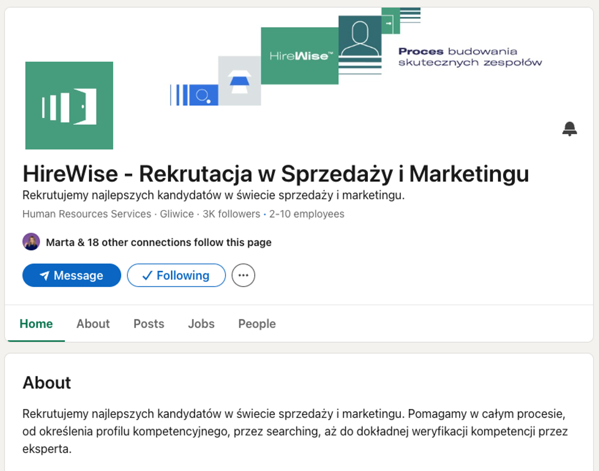 Profil HireWise - media społecznościowe LinkedIn