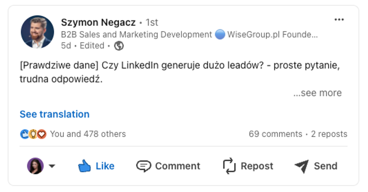 Post na LinkedIn - przykład na skuteczność marketingu B2B