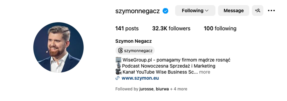 Profil Szymon Negacz - media społecznościowe Instagram. Prowadzenie profilu w social mediach pomaga podnieść sprzedaż Twojej firmy