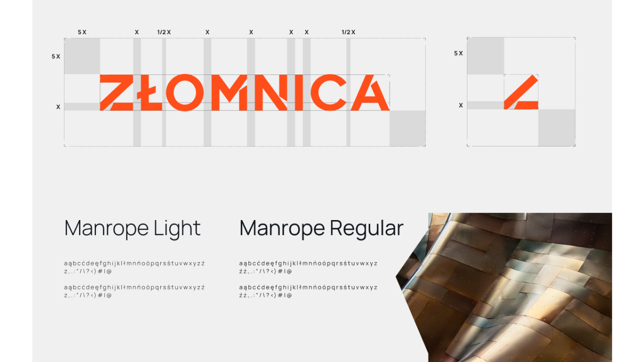 Złomnica — brandbook: logotyp, typografia Manrope, kolorystyka, brand applications