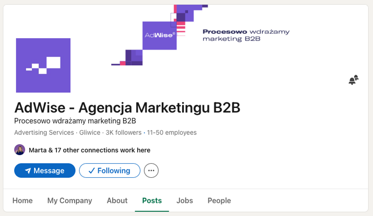 Profil Adwise na LinkedIn - marketing social media opiera się na konsekwencji