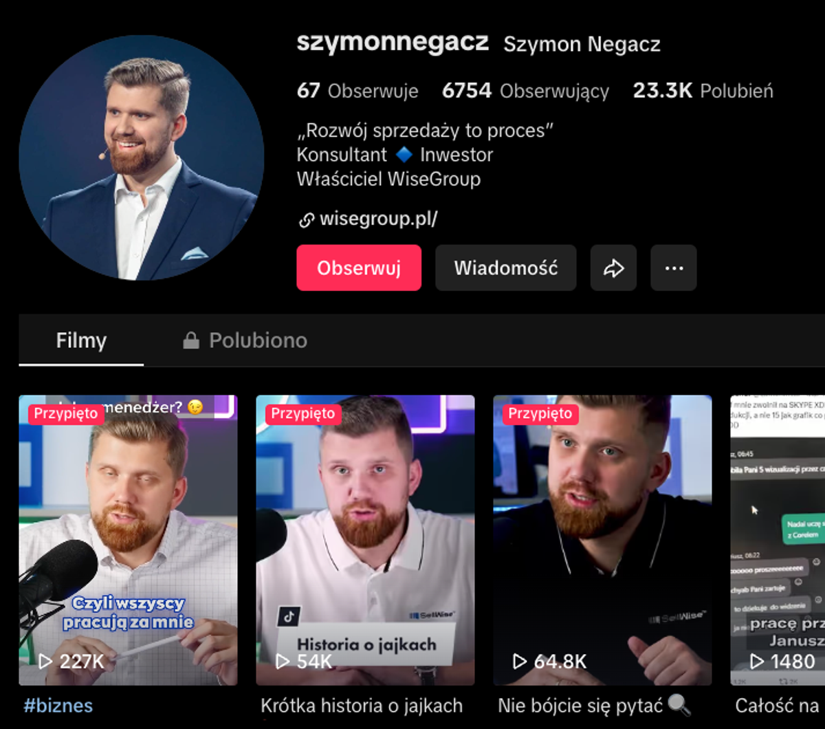 Profil Szymona Negacza TikTok - Social media marketing opiera się na efekcie końcowym - kwalifikacji leadów