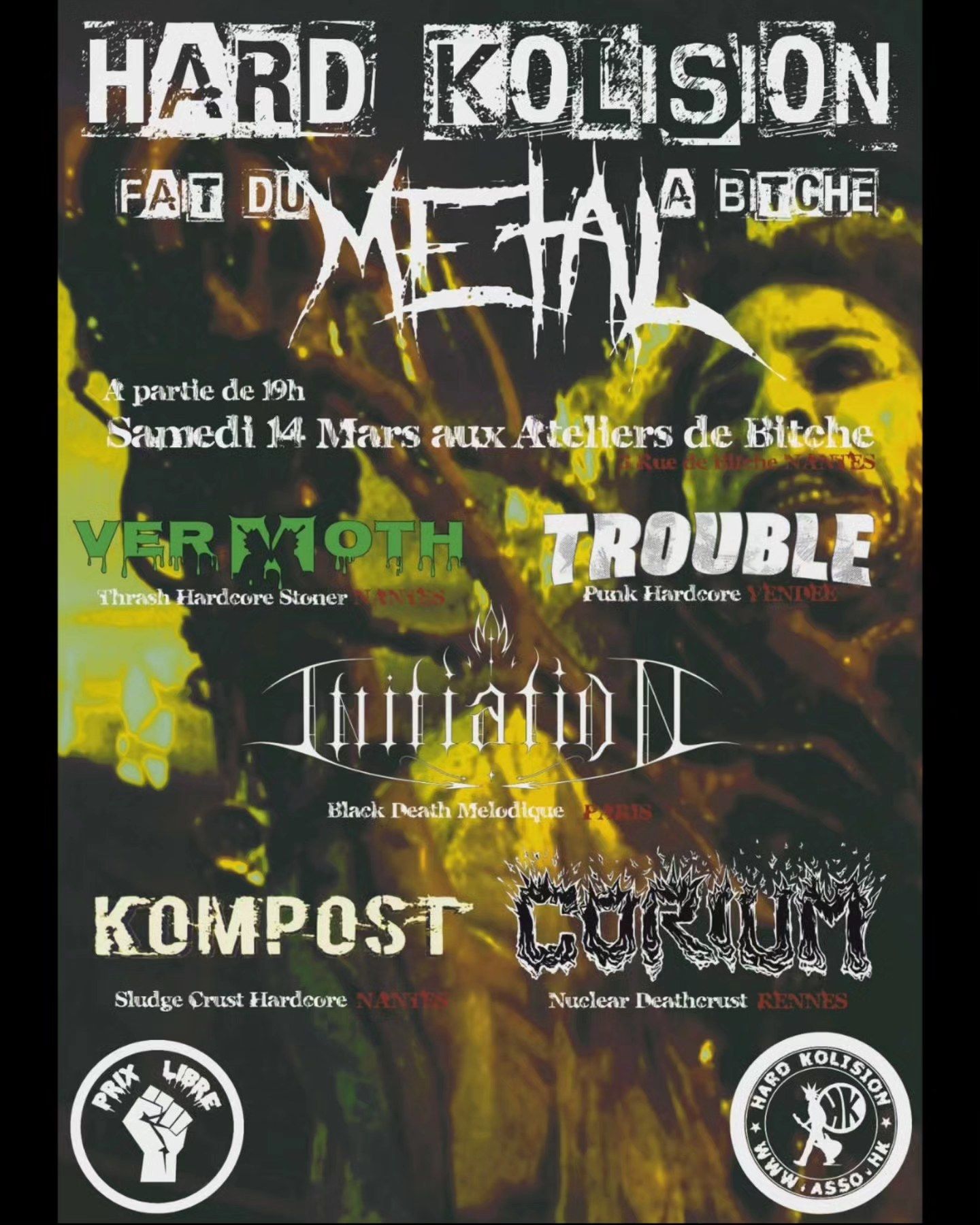 Affiche de Initiation / Vermoth / Trouble / Corium et Kompost en concert à Nantes (44)