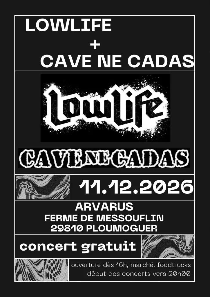 Affiche de Cave Ne Cadas (HxC/Punk) / Lowlife (Sludge) en concert à Plomoguer (29)