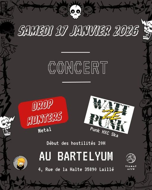 Affiche de Watt Ze Punk (Punk / Hardcore) et Drop Hunter (Metal) en concert à Laillé (35)