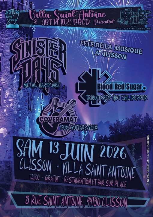 Affiche de Sinister Days (HxC/Death) / Blood Red Sugar / Coveramat en concert à Clisson (44)