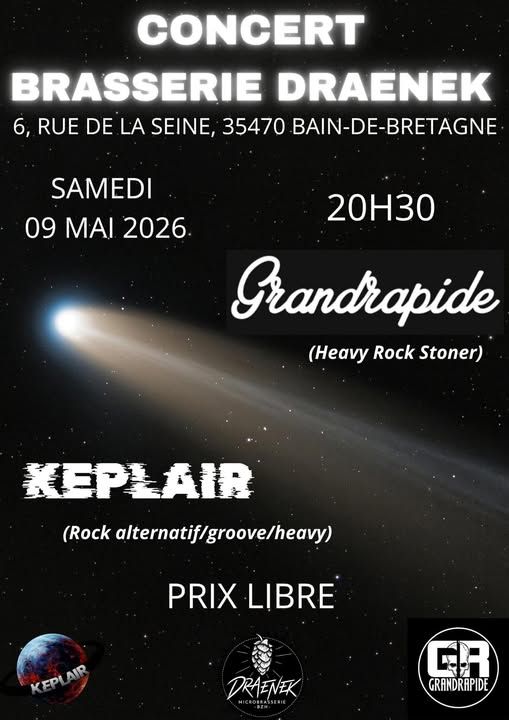 Affiche de Grandrapide (Heavy Rock/Stoner) et Keplair (Rock/Rap/Metal) en concert à Bain de Bretagne (35)